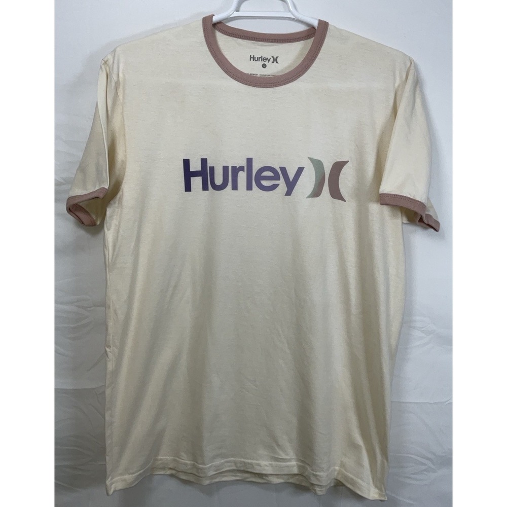 NWOT Men's Hurley Ringer Crew Neck Graphic T-Shirt Cream & Tan 100% Cotton Large - Picture 1 of 4